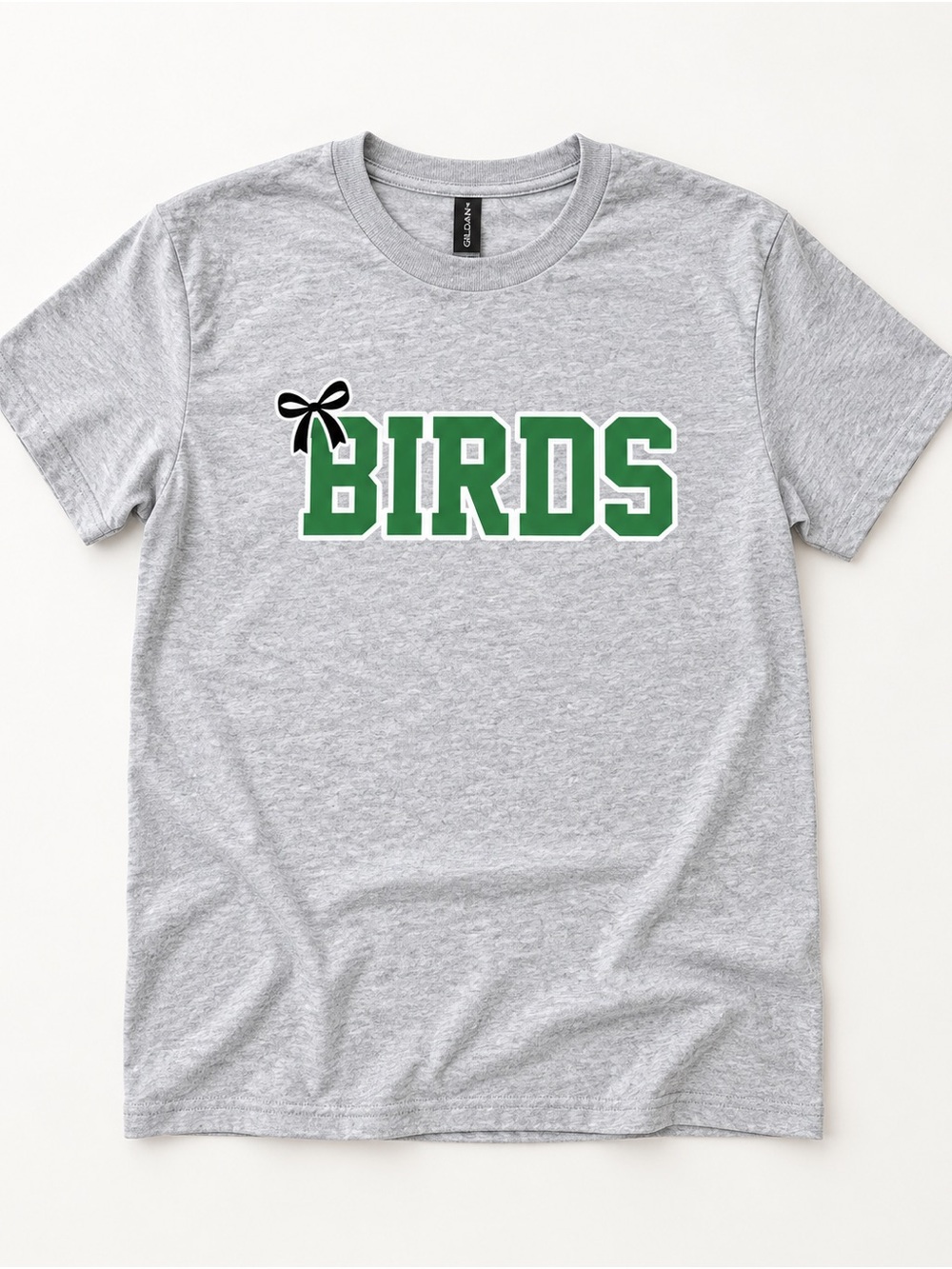 Gray "BIRDS" Graphic Tee with Green Lettering